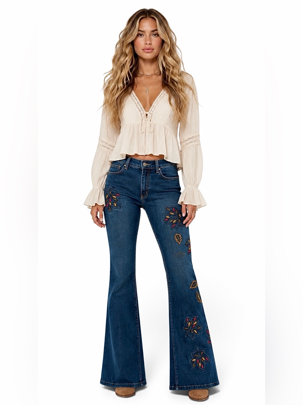 Kavita – Embroidered Dark Wash Blue Denim Jeans – Autumn Leaf Appliqué  – Sz. 8